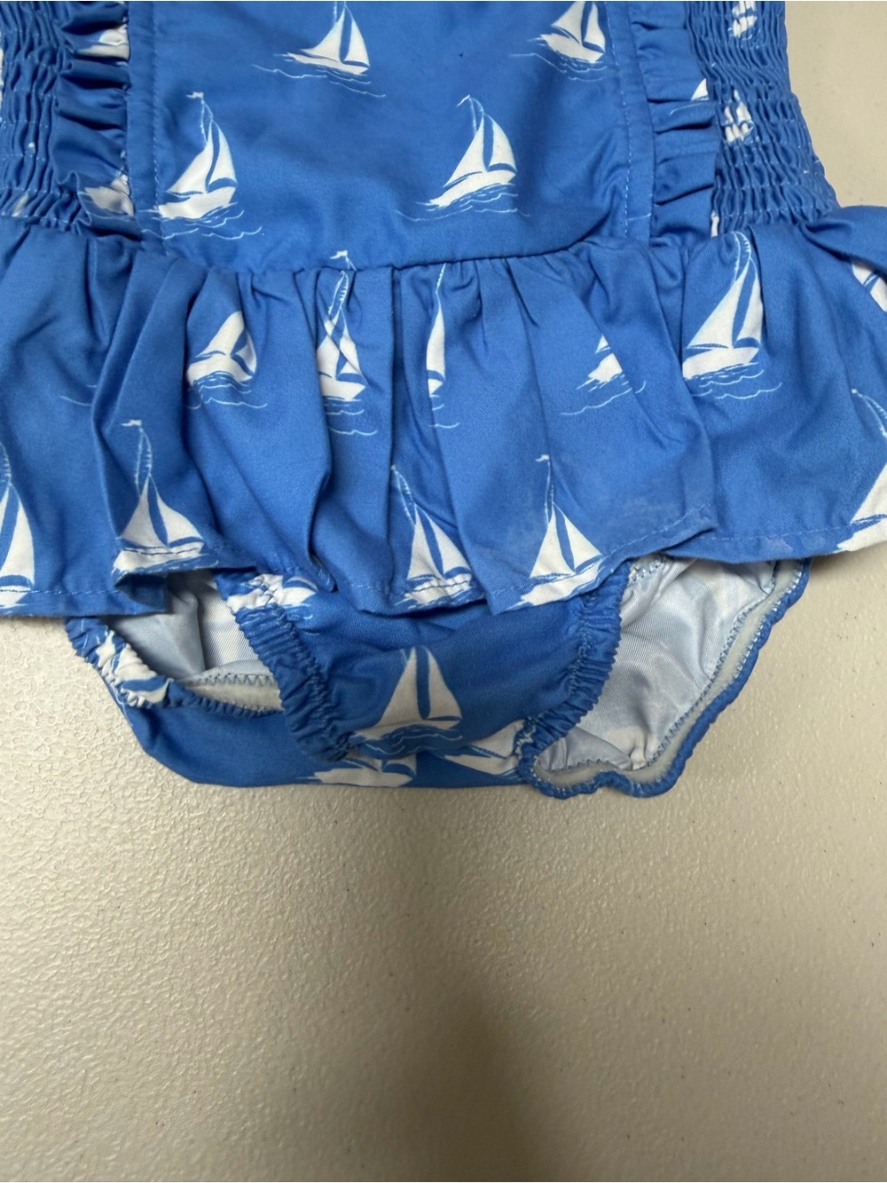 Rachel Riley 7Y Blue Sailboat Ruffle Bubble Swimsuit - Picture 3 of 7